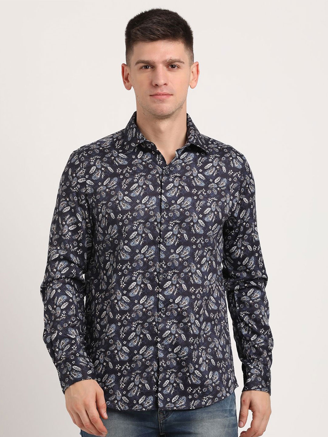 

Turtle Men Classic Spread Collar Floral Printed Cotton Slim Fit Casual Shirt, Navy blue