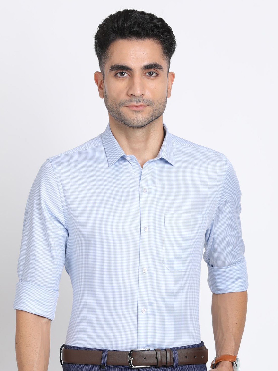 

Turtle Men Standard Spread Collar Textured Cotton Formal Shirt, Blue