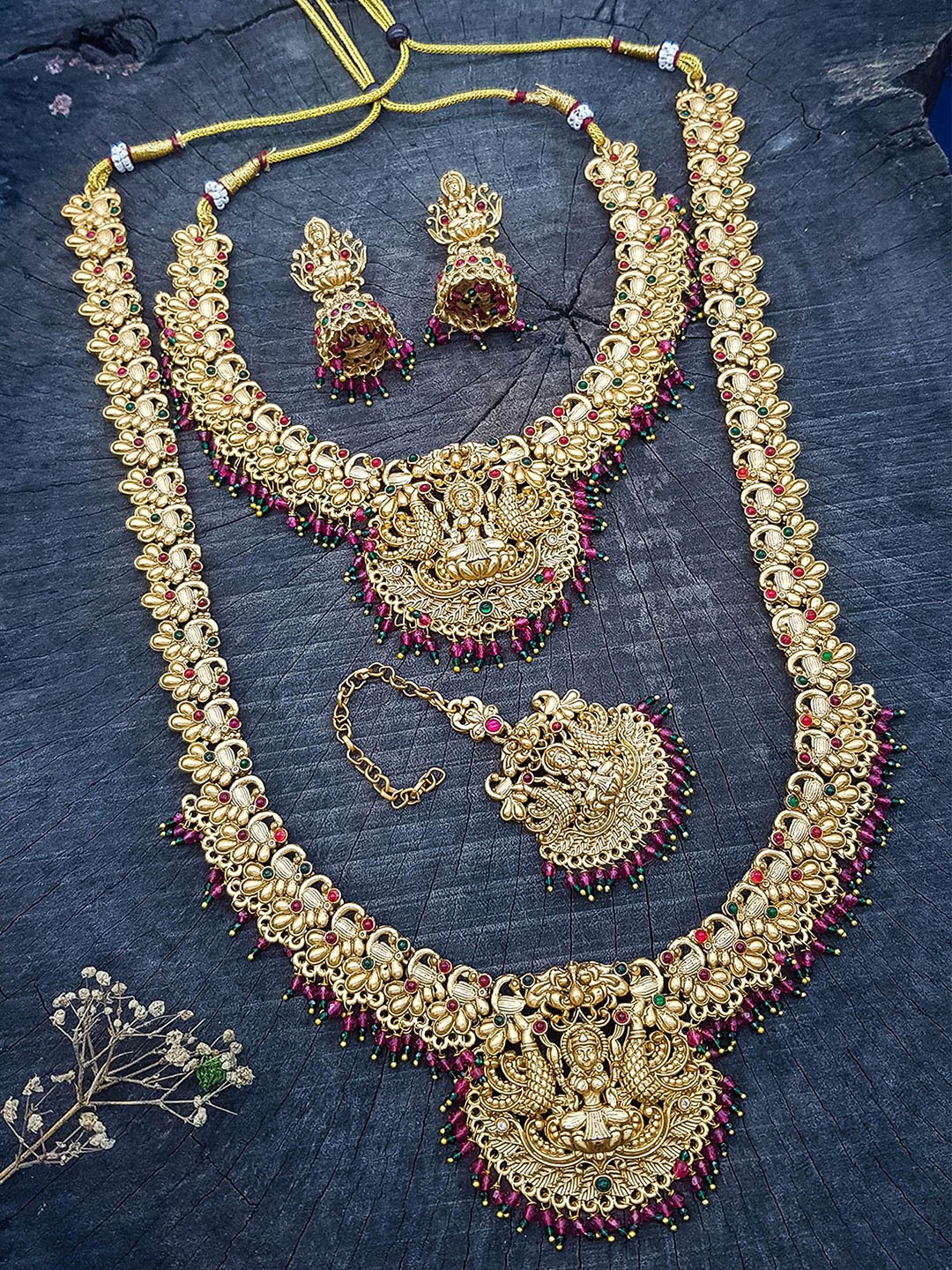 

GRIIHAM Premium Gold-Plated CZ-Studded & Beaded Lakshmi Goddess Antique Jewellery Set