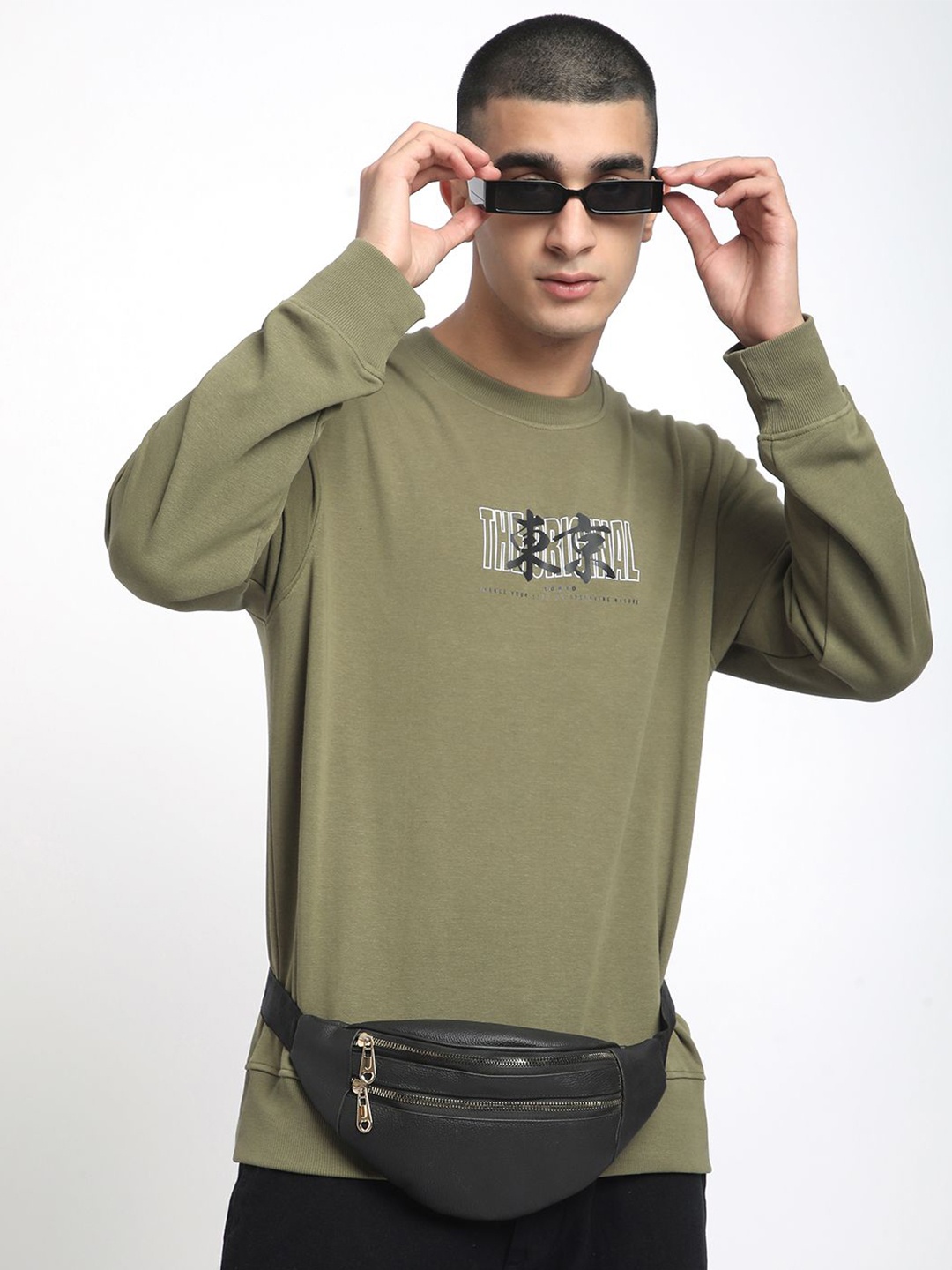 

R&B Men Printed Cotton Round Neck Pullover Sweatshirt, Olive