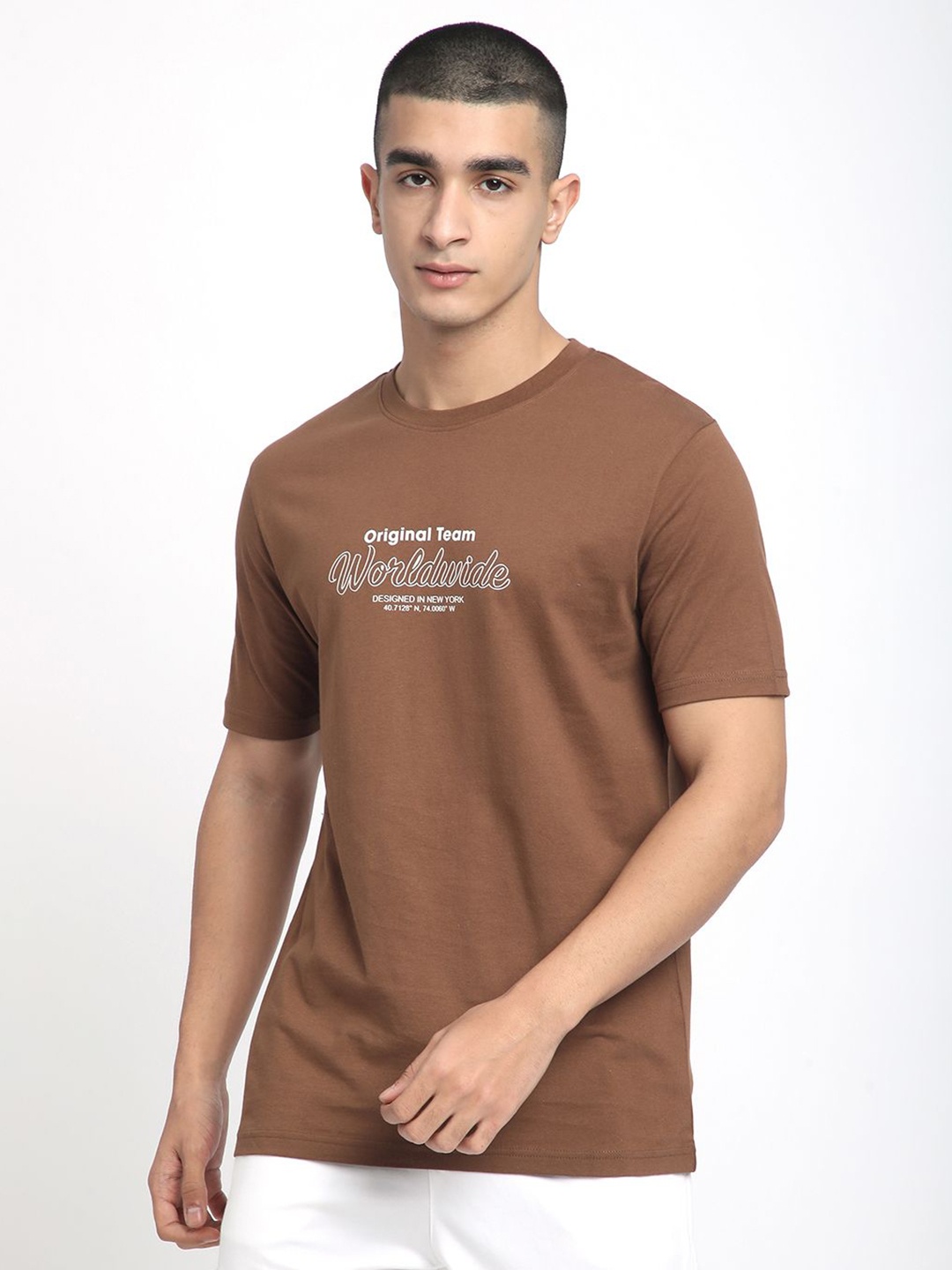 

R&B Men Typography Printed Round Neck Cotton T-shirt, Brown