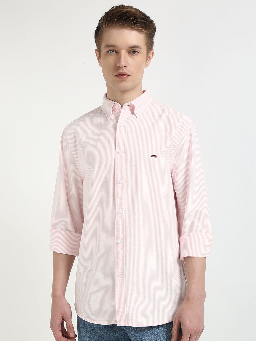 

Tommy Hilfiger Men Button-Down Collar Vertical Striped Cotton Slim Fit Casual Shirt, Pink