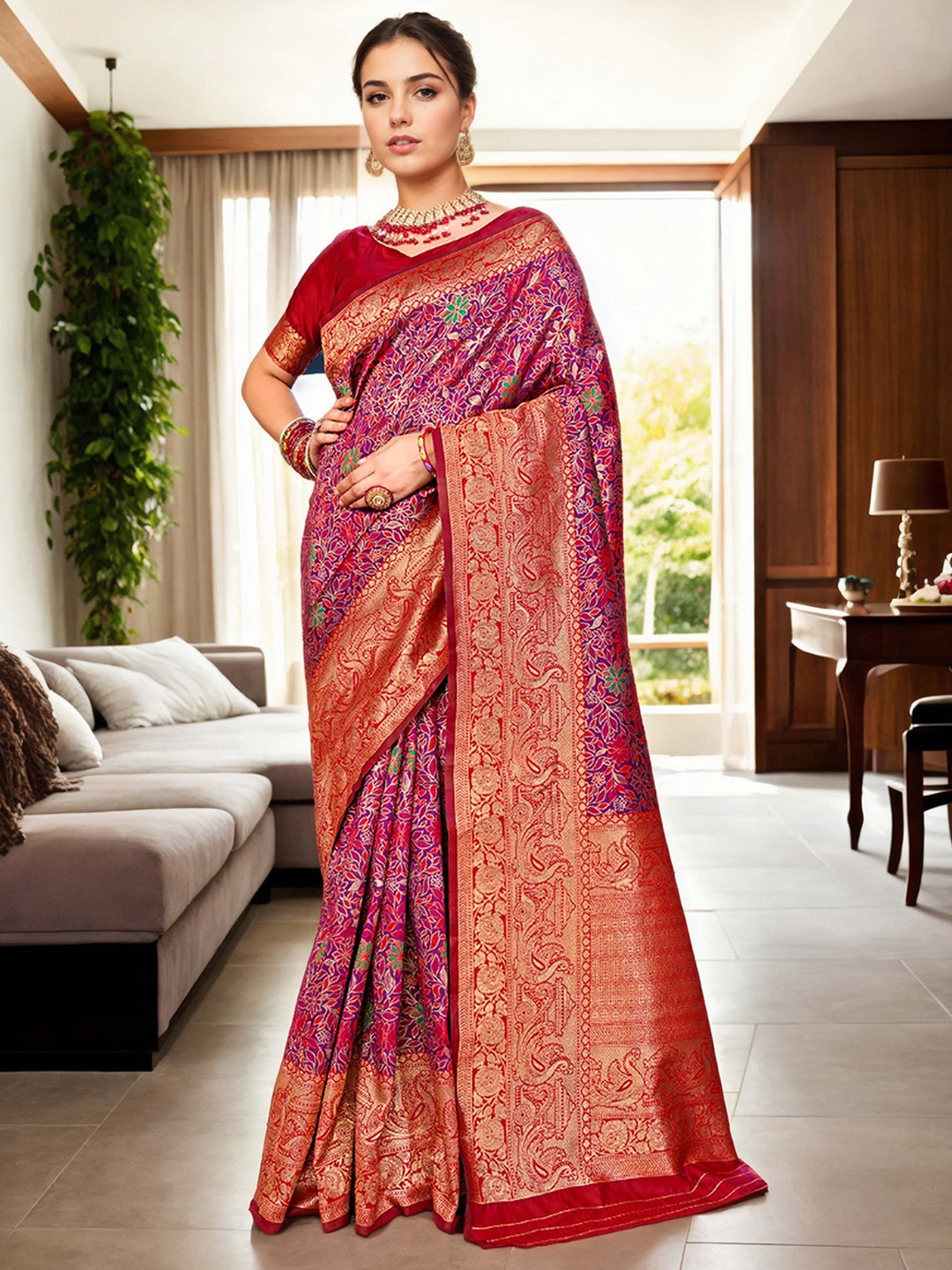 

Anouk Woven Design Zari Kanjeevaram Saree, Magenta