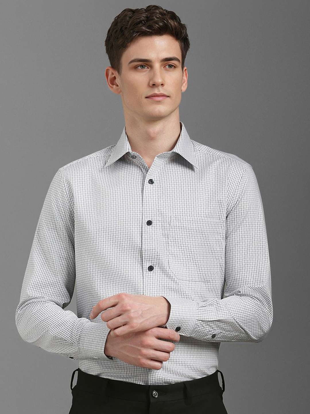 

Louis Philippe Men Spread Collar Micro Checked Cotton Formal Shirt, Grey