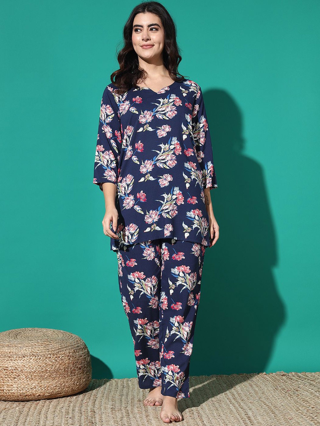 

MBeautiful Women Floral Printed Round Neck Night suit, Navy blue