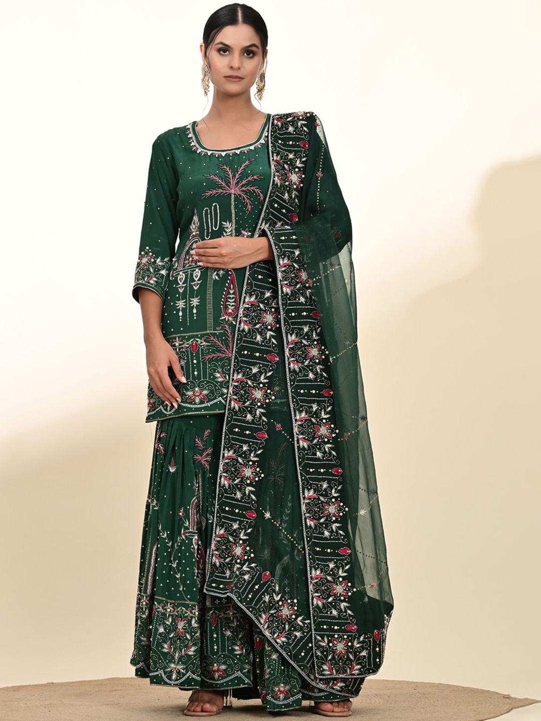 

ZARIKALI Women Ethnic Motifs Embroidered Regular Beads and Stones Silk Crepe Kurta with Sharara & With, Green