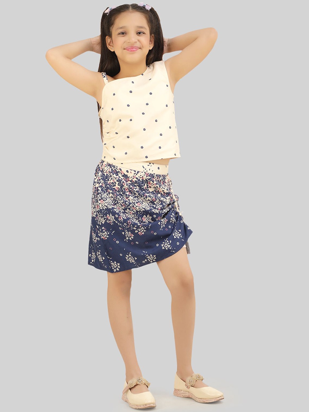 

BEING NAUGHTY Girls Printed One Shoulder Neck Sleeveless Top With Skirt, Cream