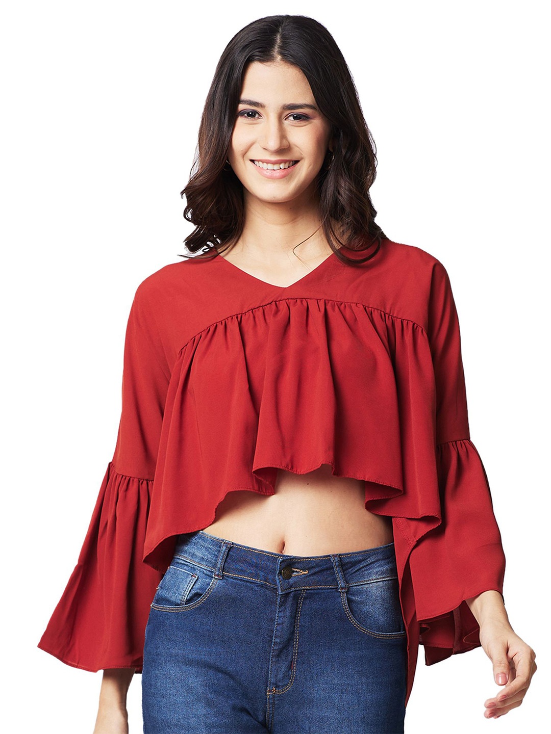

IZEL Women V-neck Bell Sleeve Crop Top, Rust