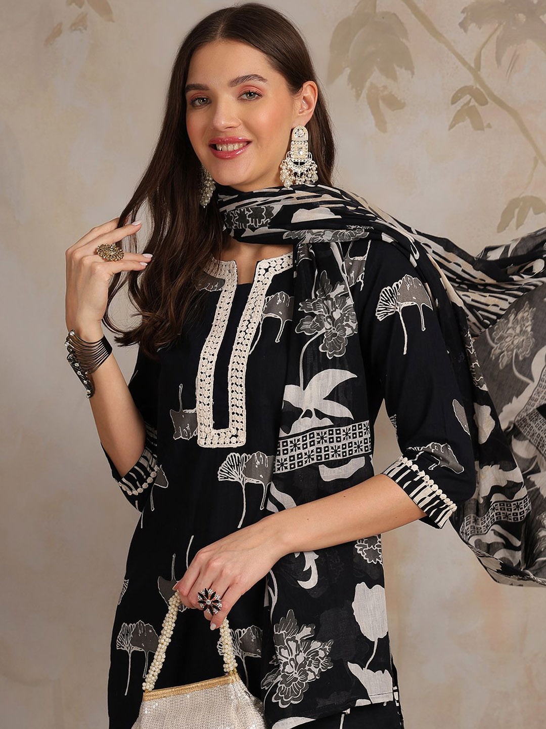 

Anouk Black Floral Printed Regular Thread Work Pure Cotton Kurta With Trousers & Dupatta