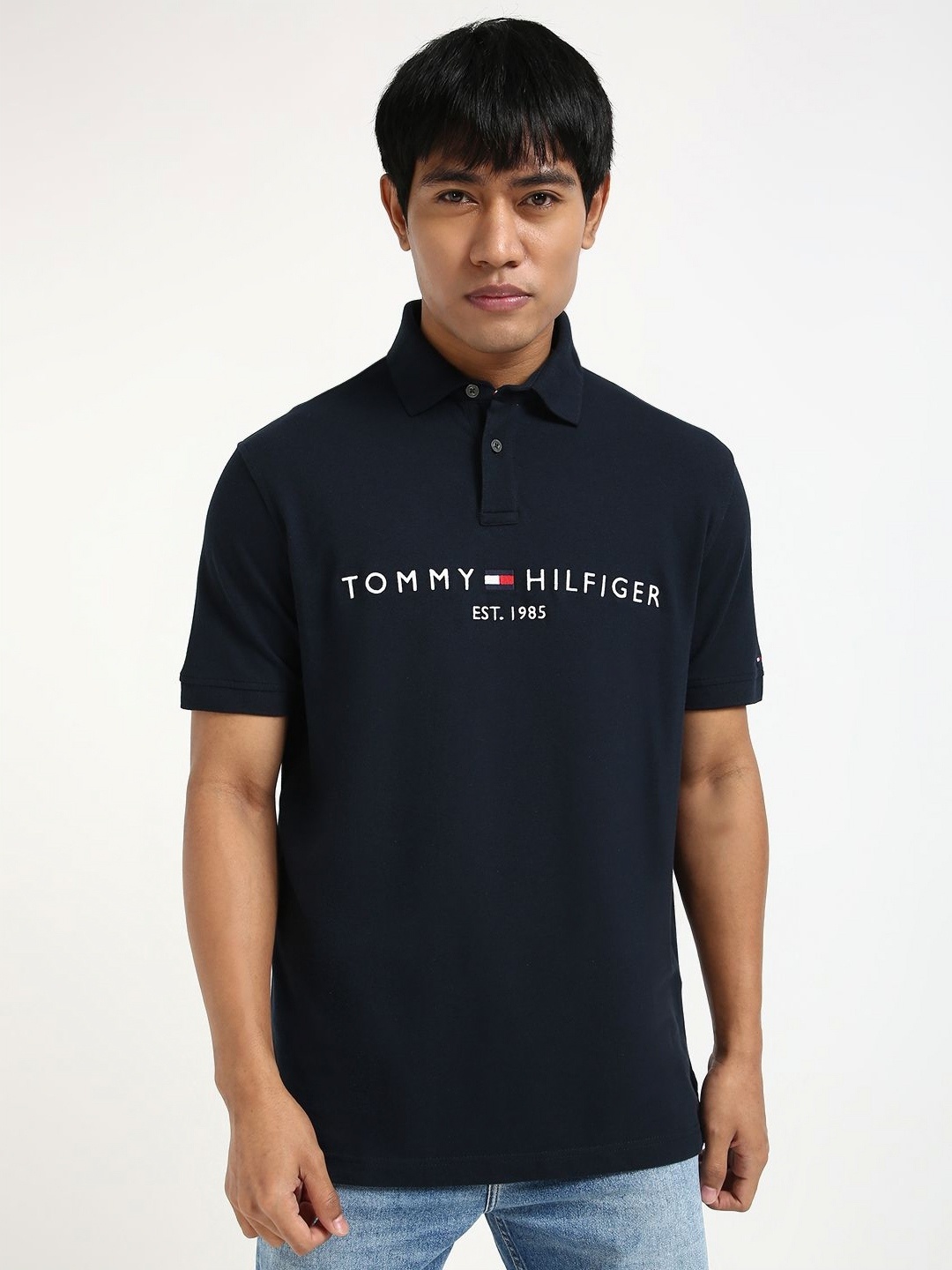 

Tommy Hilfiger Men Brand Logo Printed Cotton T-shirt, Navy blue