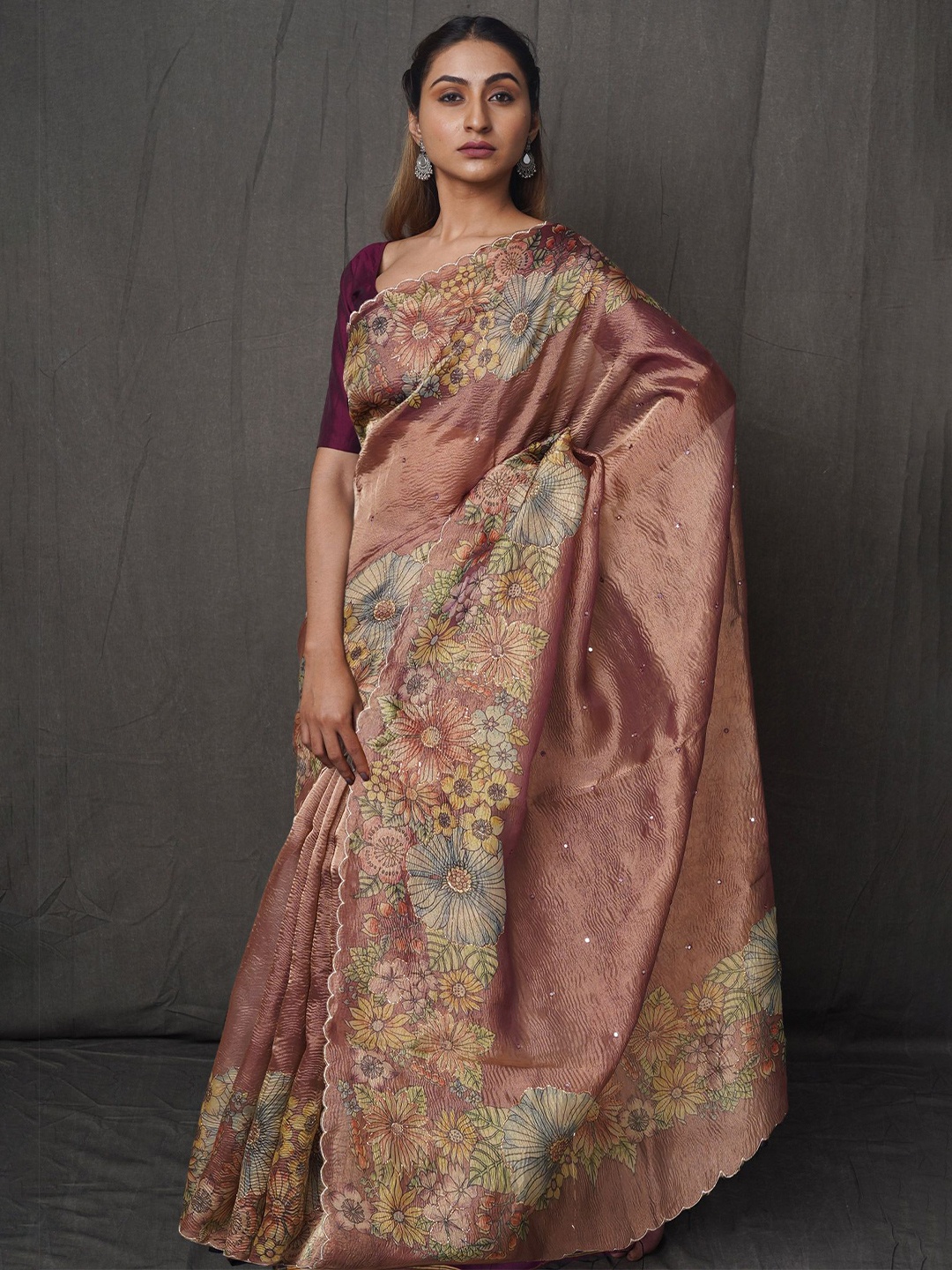 

Unnati Silks Embellished Beads and Stones Organza Block Print Saree, Brown