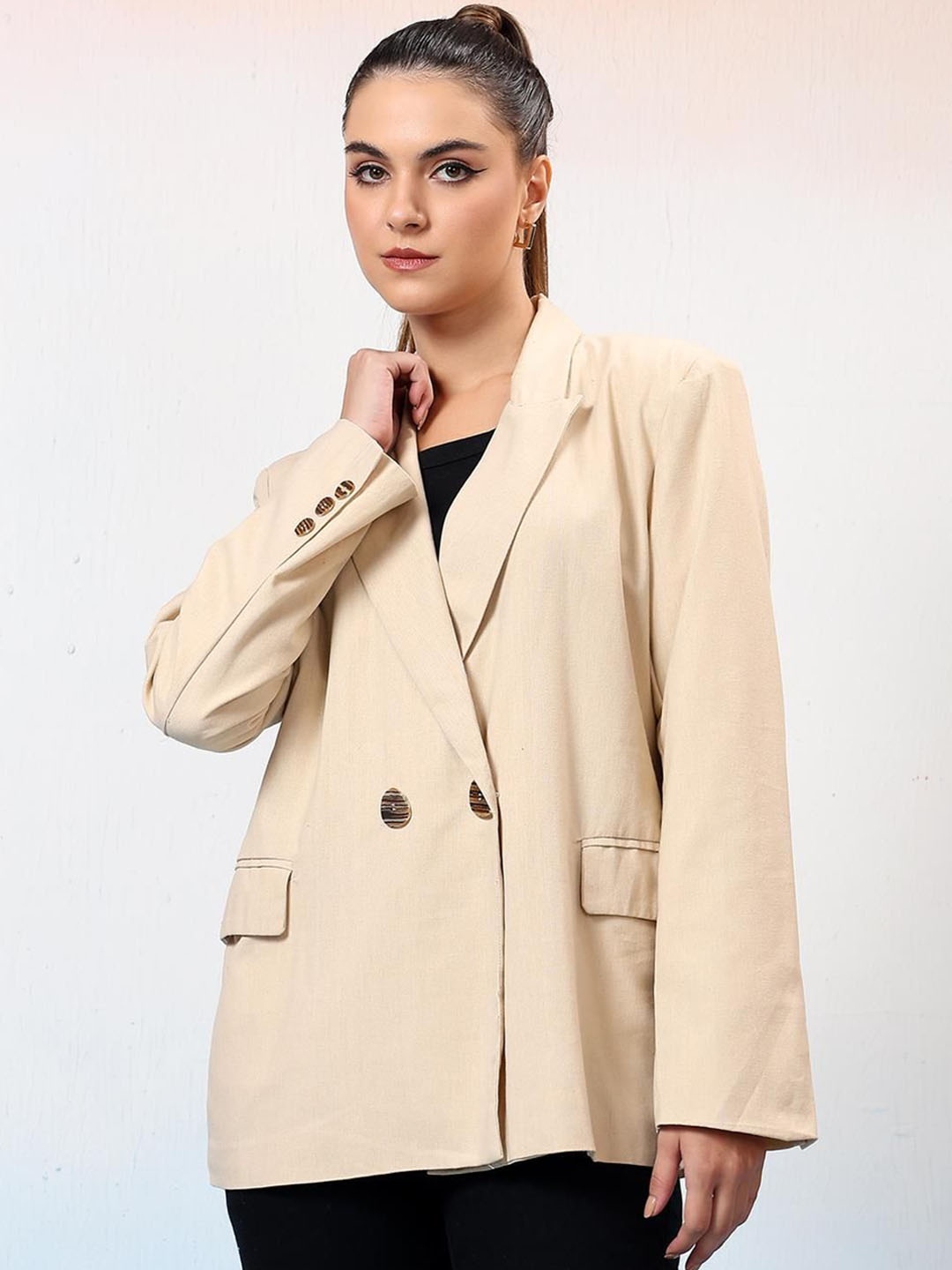 

Stylecast X Kotty Women Notched Lapel Double Breasted Overcoat, Beige