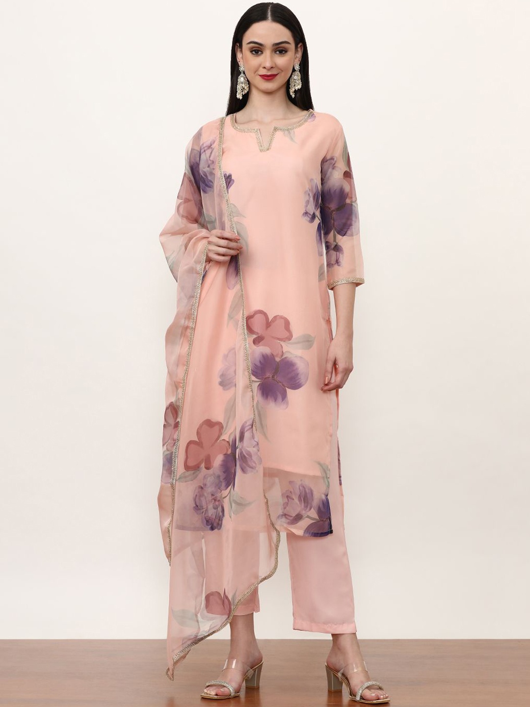 

Jaipur Kurti Floral Printed Organza Regular Straight Kurta with Trousers & Dupatta, Peach