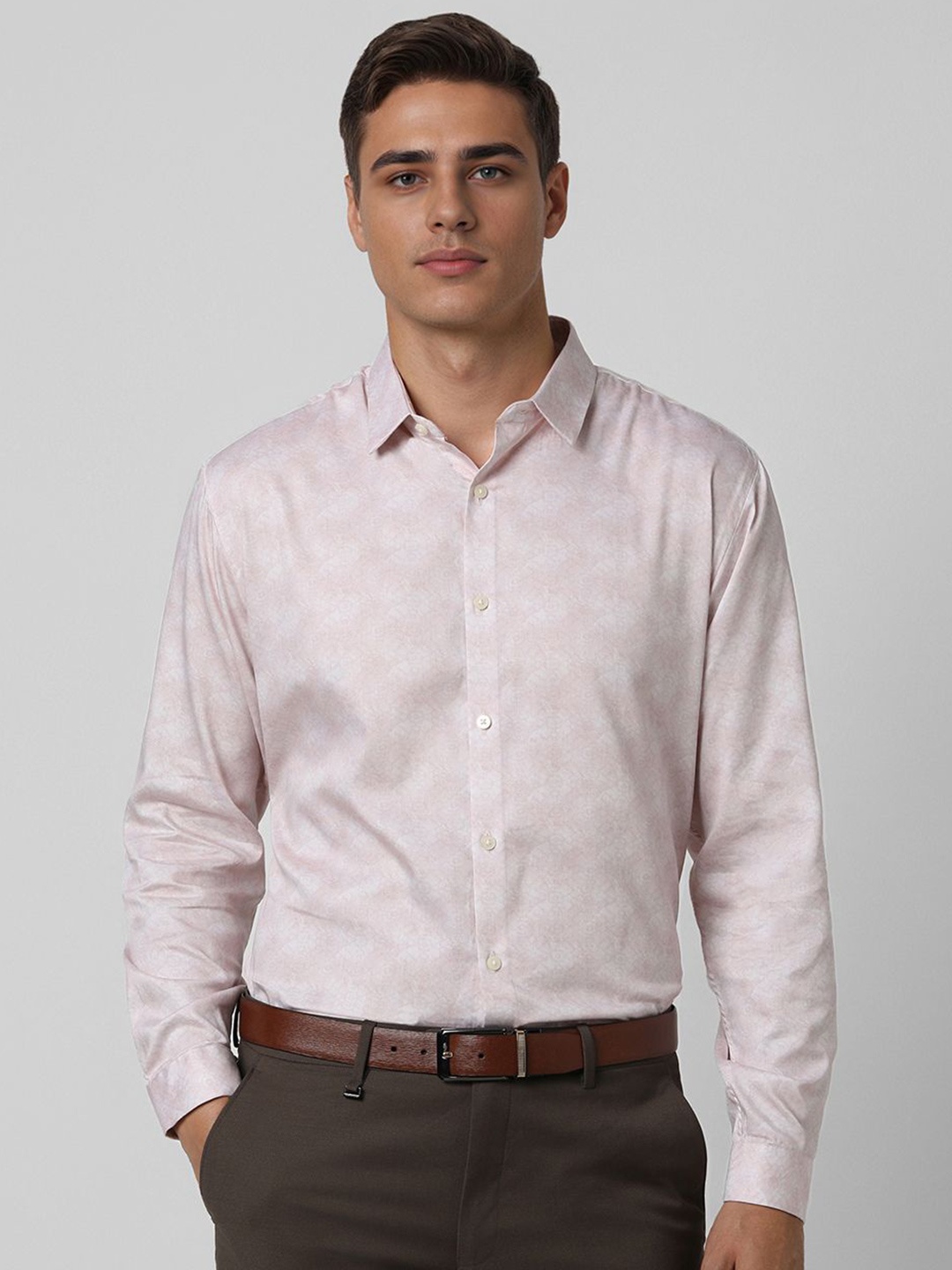 

V Dot Men Spread Collar Textured Cotton Slim Fit Formal Shirt, Pink
