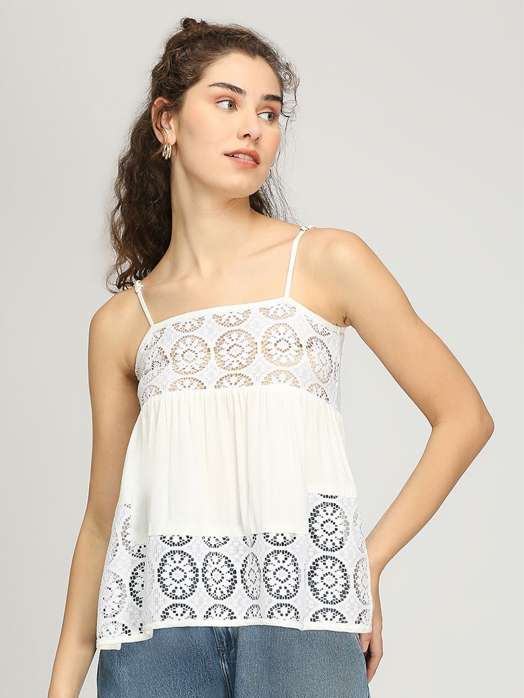 

IZEL Women Self Design Shoulder Straps Peplum Top, White