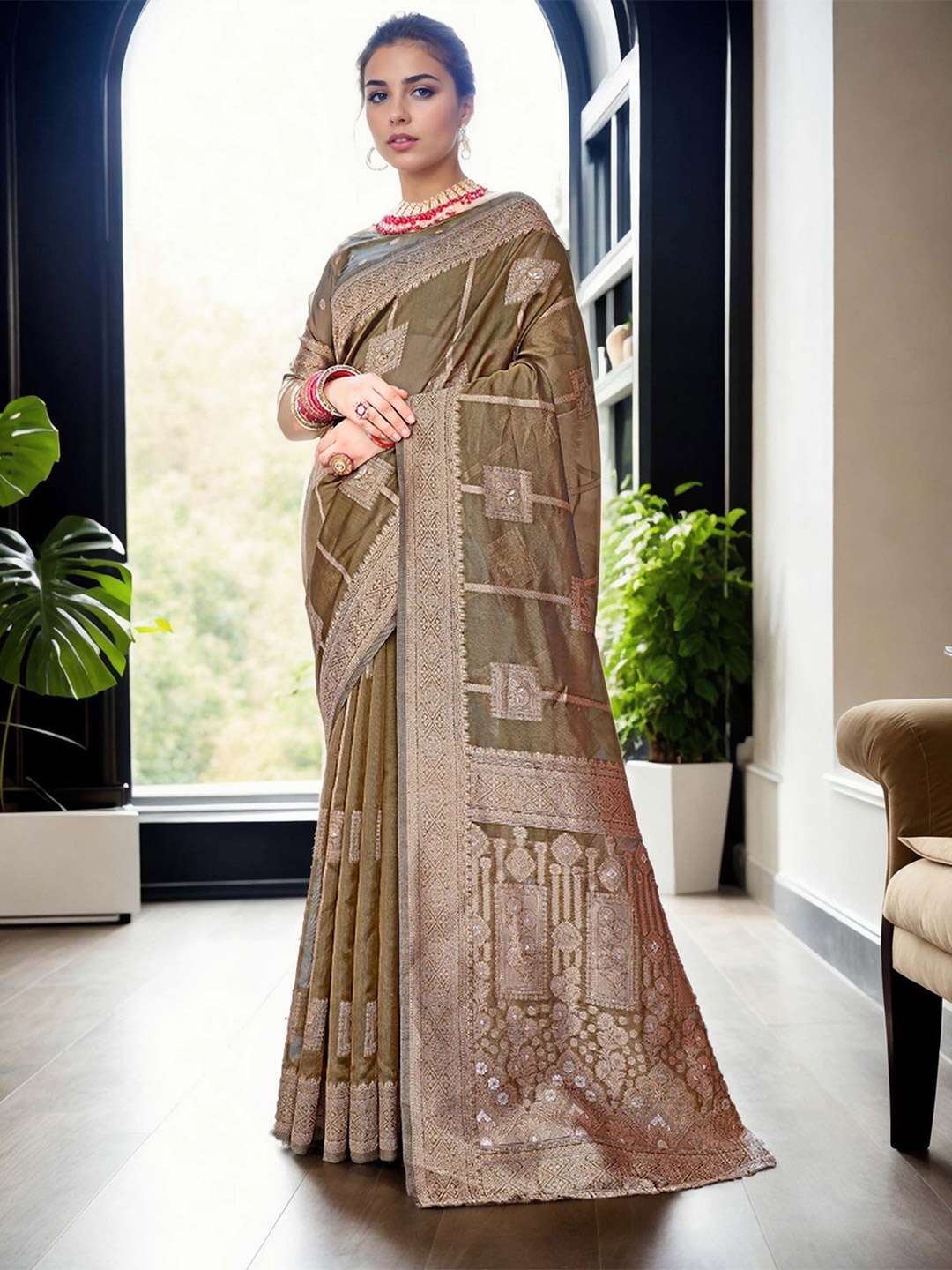 

Anouk Woven Design Zari Organza Banarasi Saree, Olive