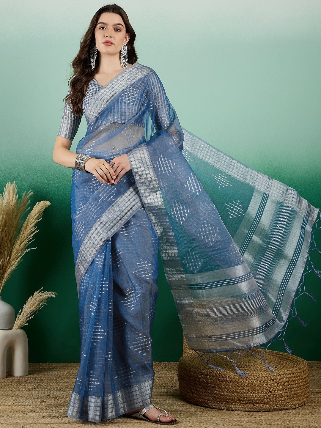 

Kalista Checked Zari Organza Banarasi Saree, Teal