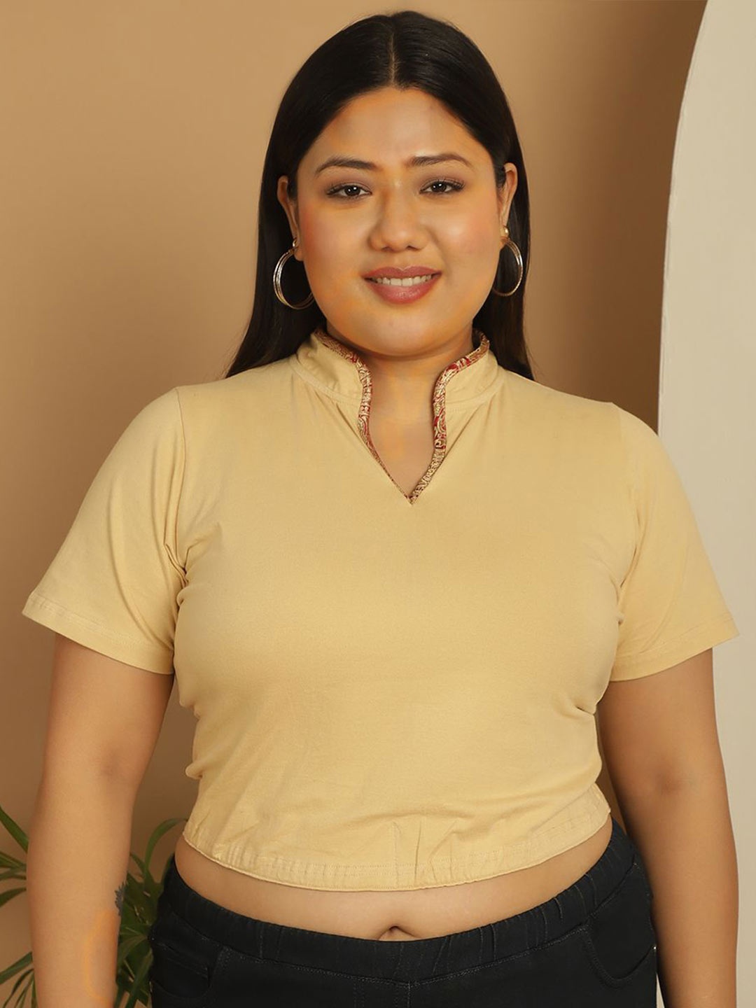 

theRebelinme Women Plus size Cotton Blouson Crop Top, Beige