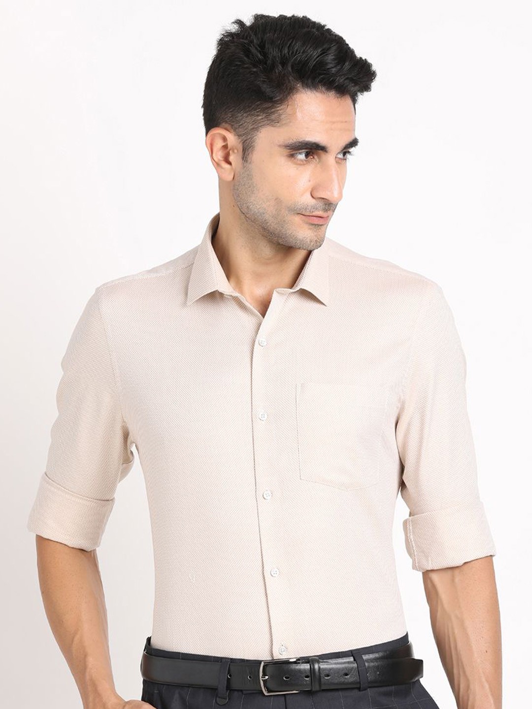 

Turtle Men Standard Fit Spread Collar Textured Cotton Formal Shirt, Beige