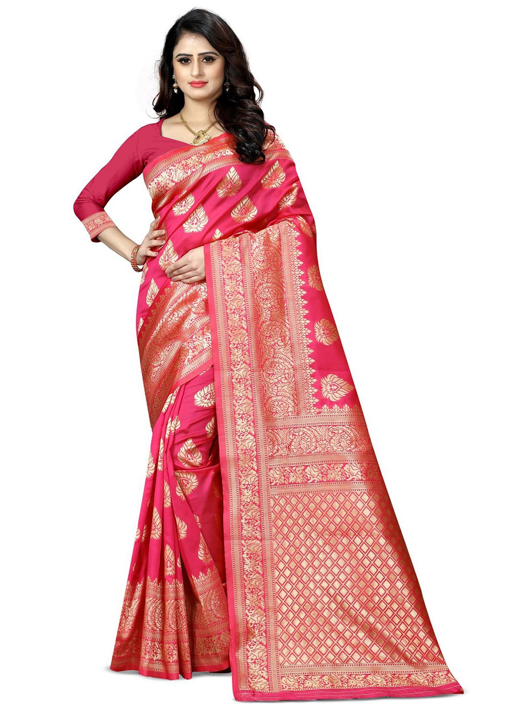 

KALINI Woven Design Zari Silk Blend Kanjeevaram Saree, Pink