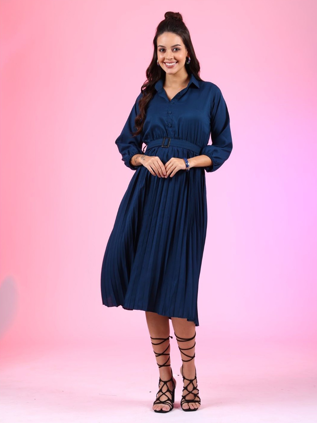 

Raiyani Enterprise Women Shirt Collar Fit & Flare Knee Length Dress, Blue