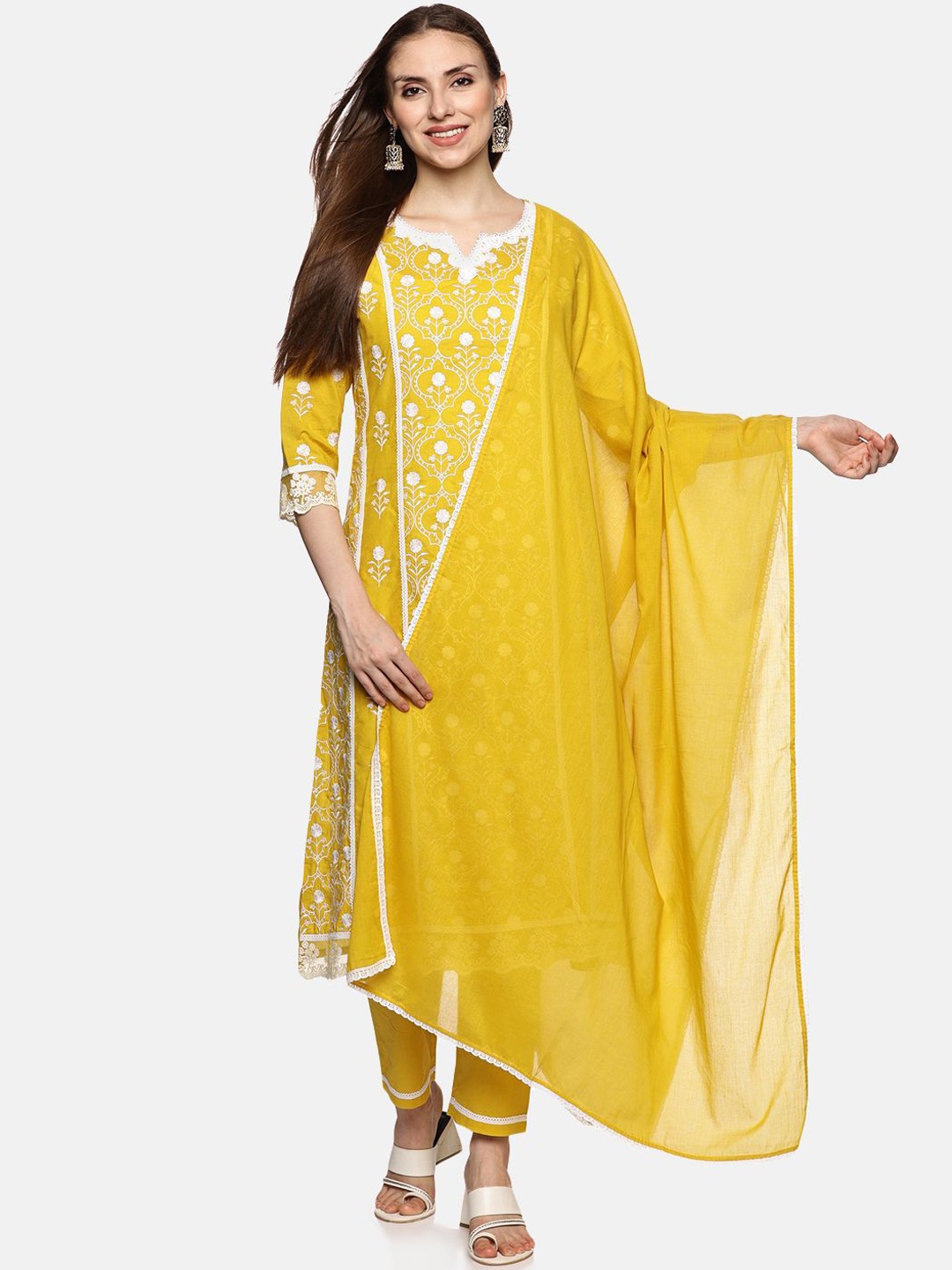 

RAJMANDIRFABRICS Floral Embroidered Mirror Work Pure Cotton Kurta with Trousers & Dupatta, Yellow