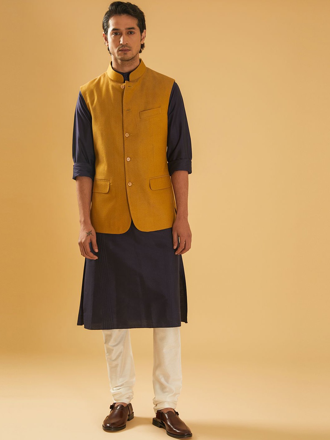 

RR Blue Woven Design Mandarin Collar Nehru Jacket, Mustard