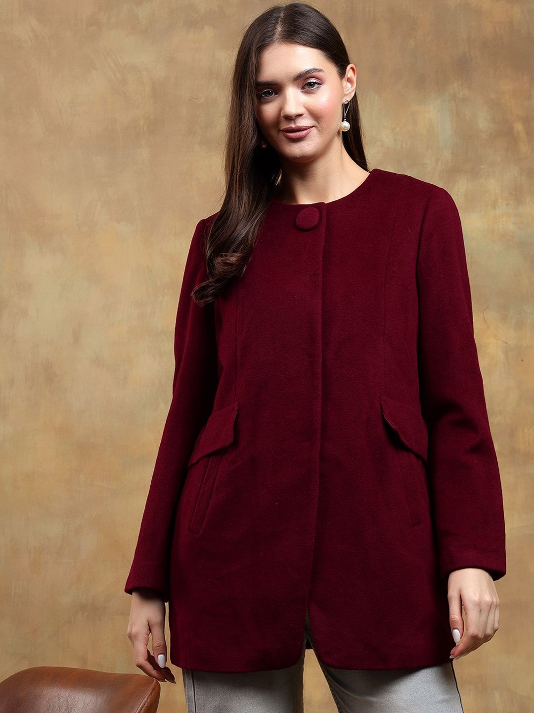 

Stylecast X Kotty Women Solid Single Breasted Overcoat, Maroon