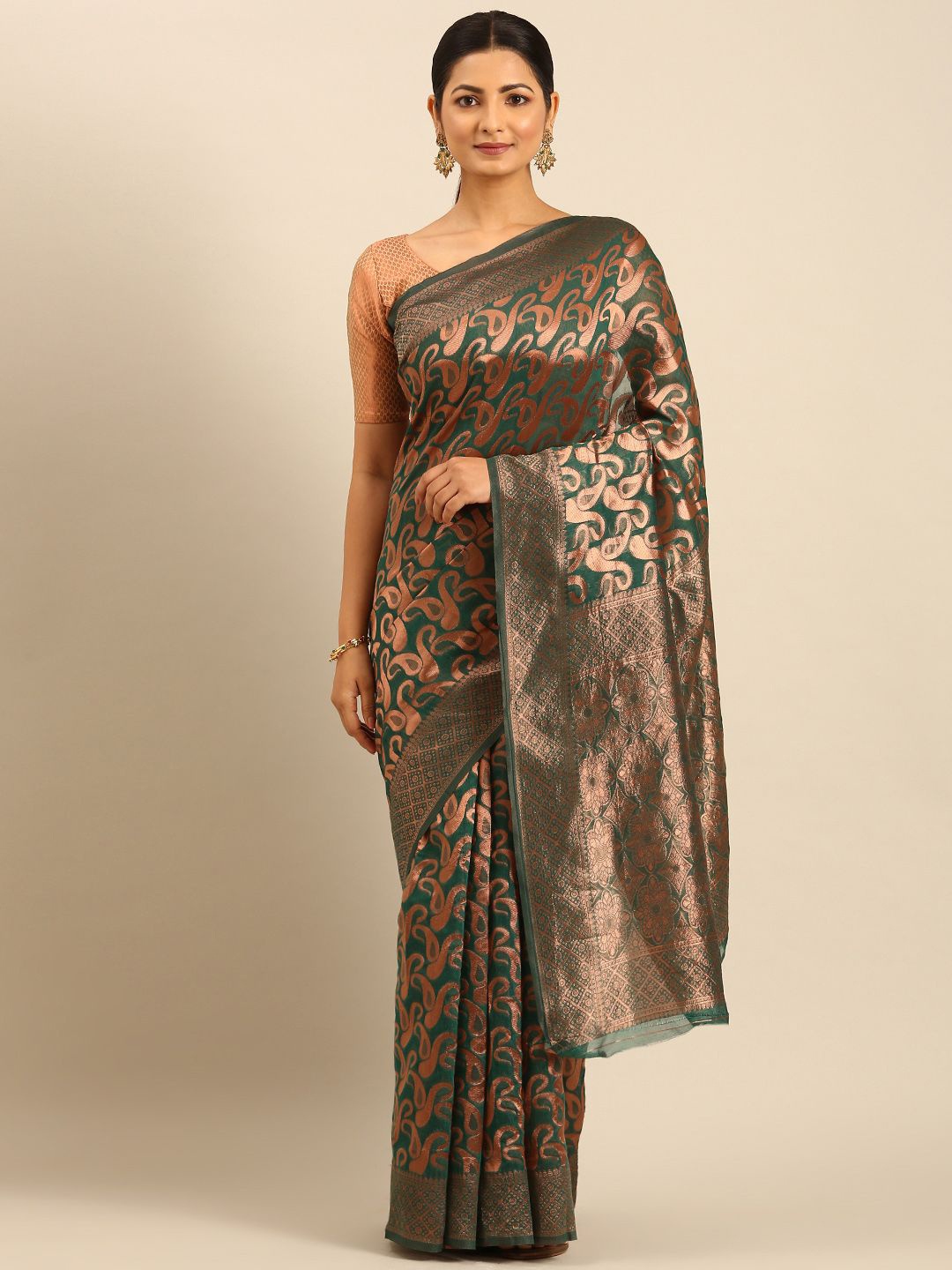 

Panzora Woven Design Zari Saree With Unstitched Blouse Piece, Teal