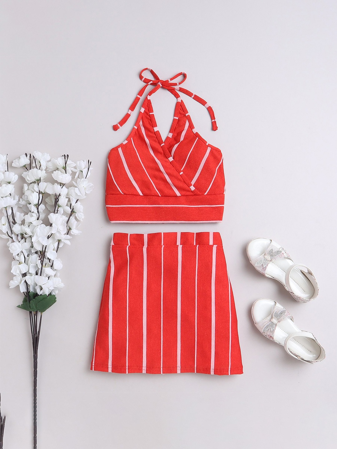 

taffykids Girls Striped Halter Neck Crop Top With Skirt, Red