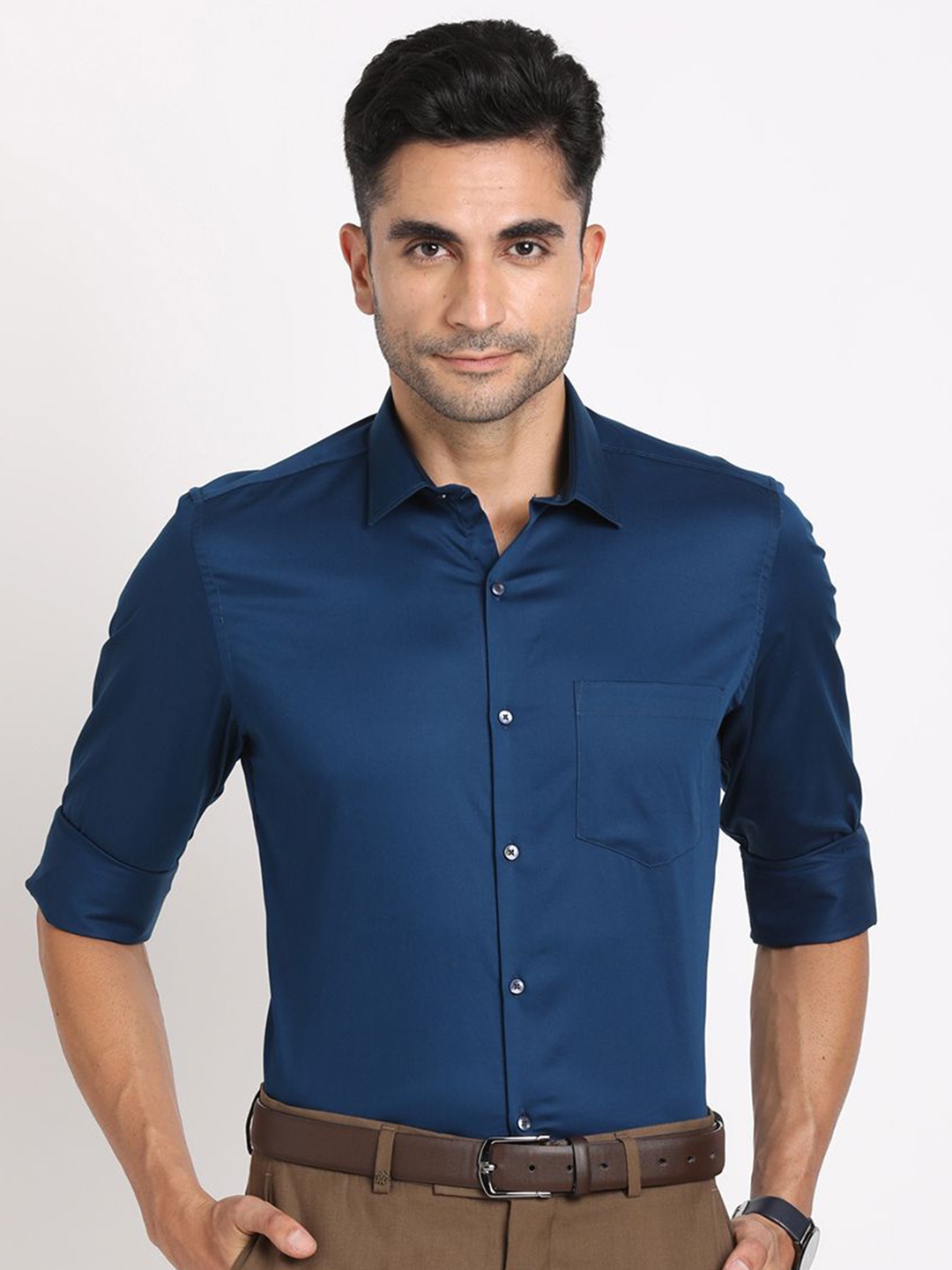 

Turtle Men Standard Spread Collar Solid Cotton Formal Shirt, Navy blue