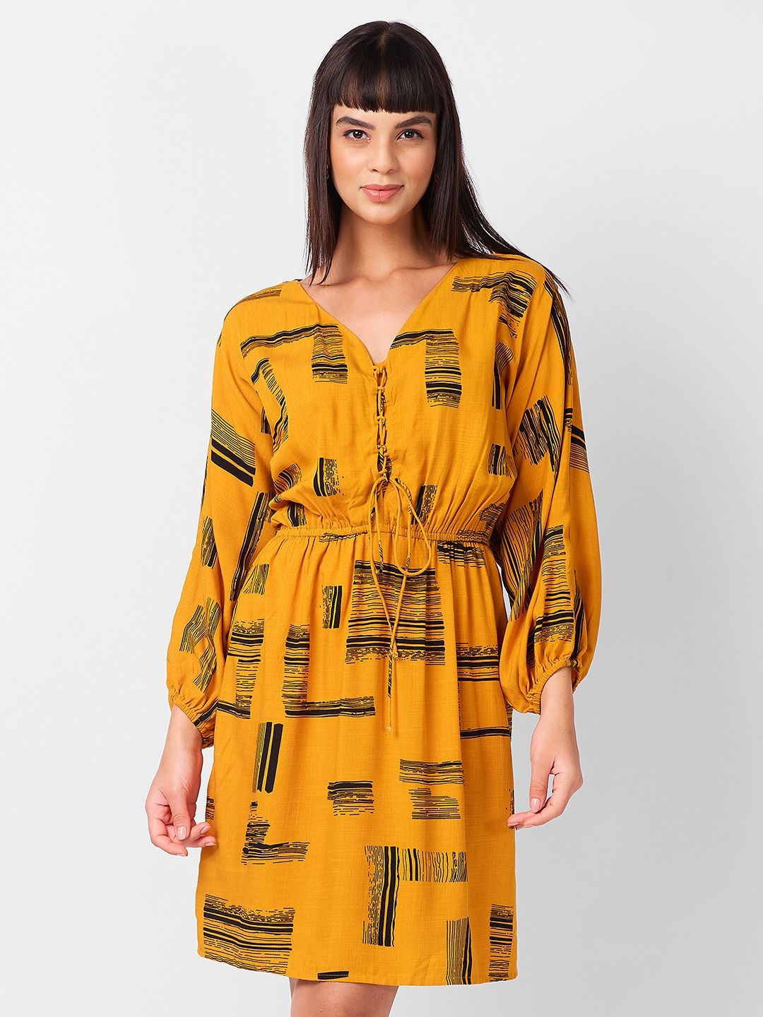 

IZEL Women Abstract Printed Fit & Flare Above Knee Dress, Yellow