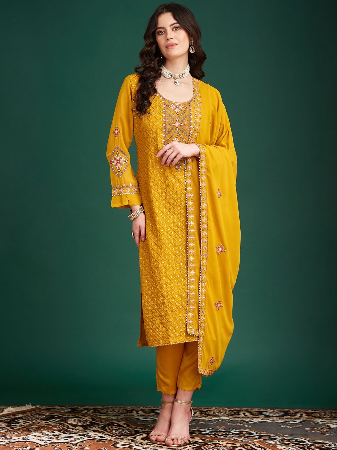 

MAHALASA Geometric Embroidered Regular Georgette Kurta With Trouser With Dupatta, Yellow