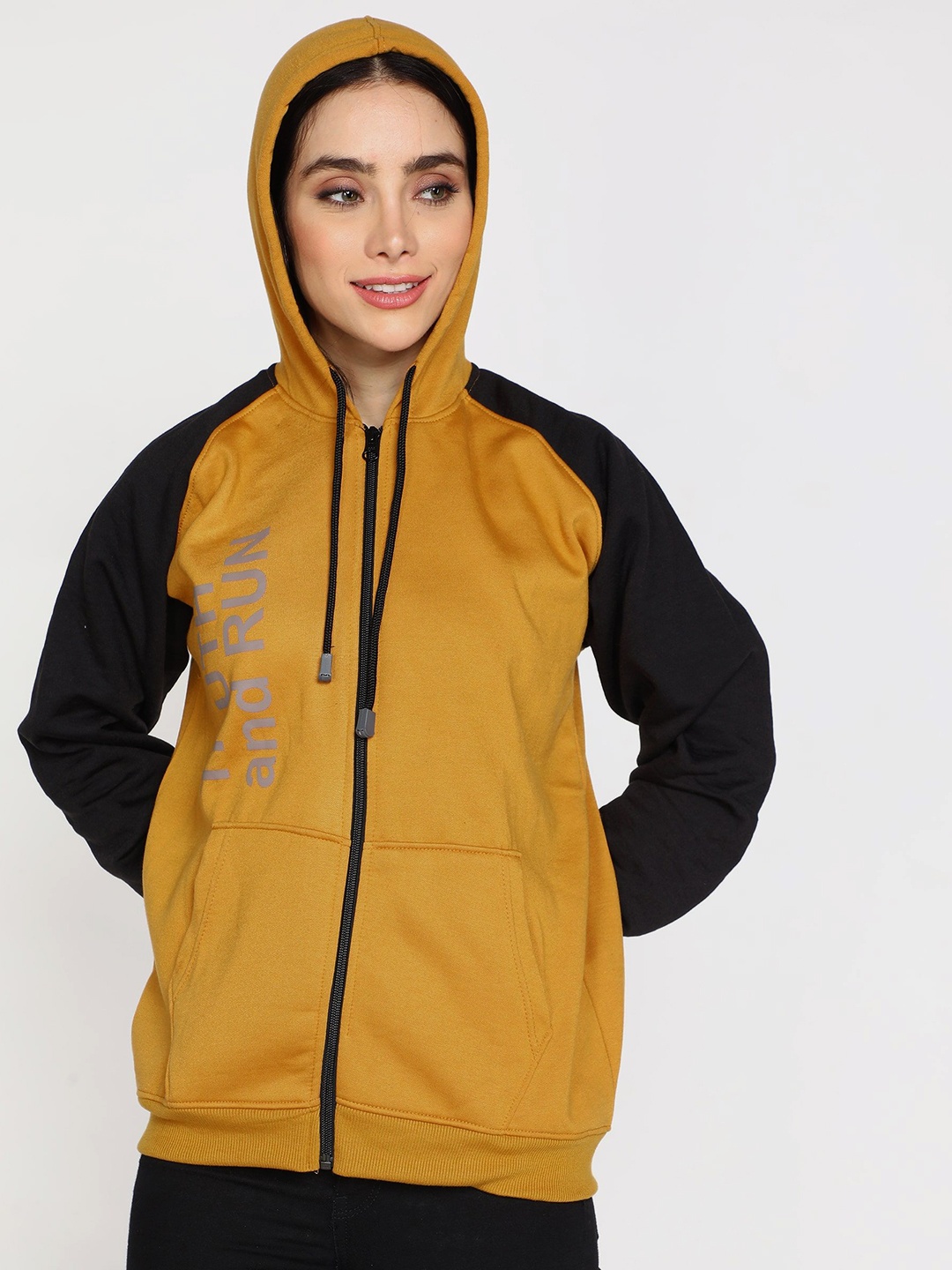 

Chanda Khuba Women Printed Hooded Sweatshirt, Mustard