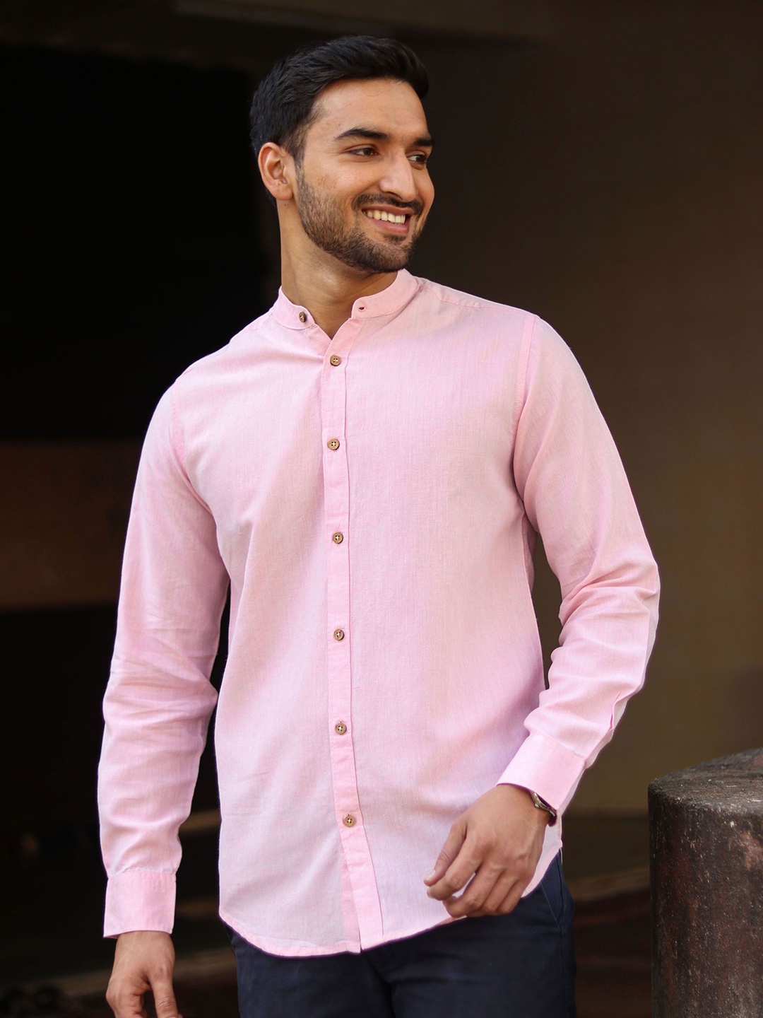 

Earthy Route Men Comfort Band Collar Solid Casual Shirt, Pink