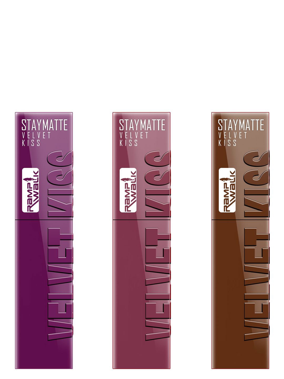 

Ramp Walk Velvet Kiss Set Of 3 Waterproof Liquid Lipstick - 3.5 ml Each - Shade 3 - 4 - 11, Purple