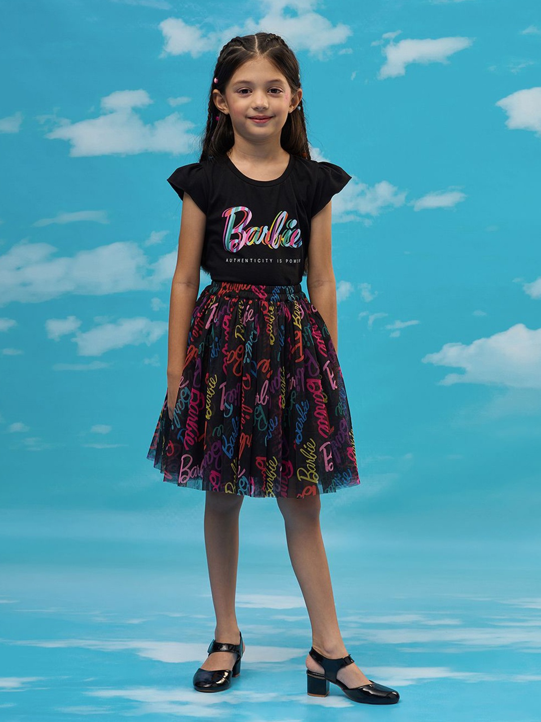 

LIL DRAMA Girls Printed Pure Cotton T-shirt with Skirt, Black