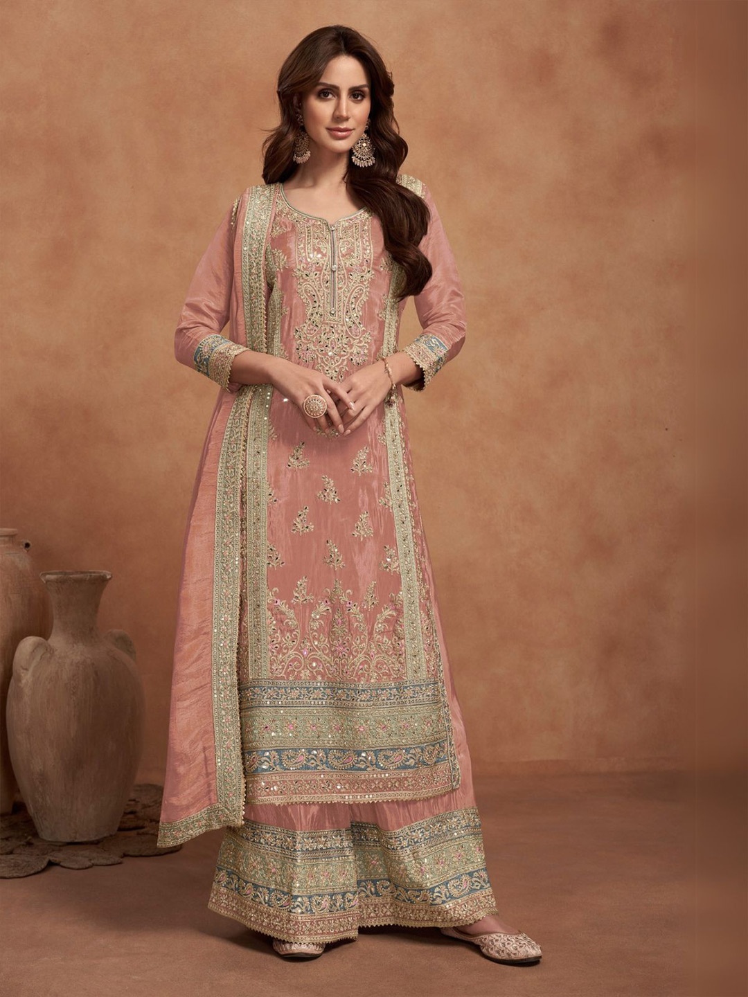 

ODETTE Floral Embroidered Straight Kurta With Palazzos & Dupatta, Orange