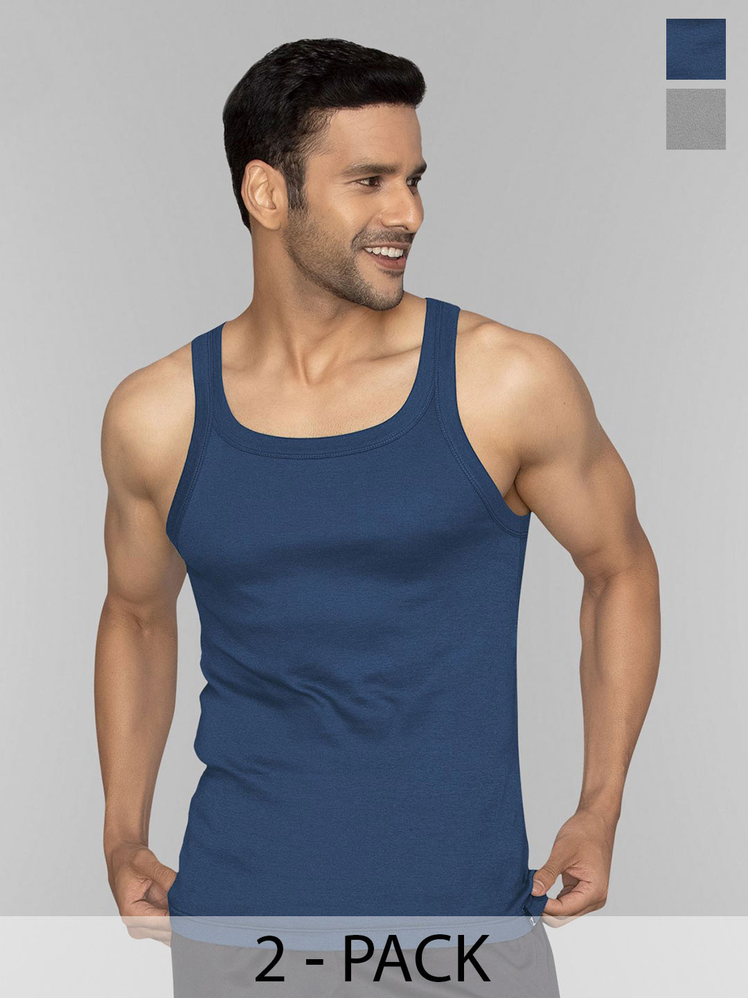

XYXX Men Pack Of 2 Square Neck Cotton Gym Vests, Blue