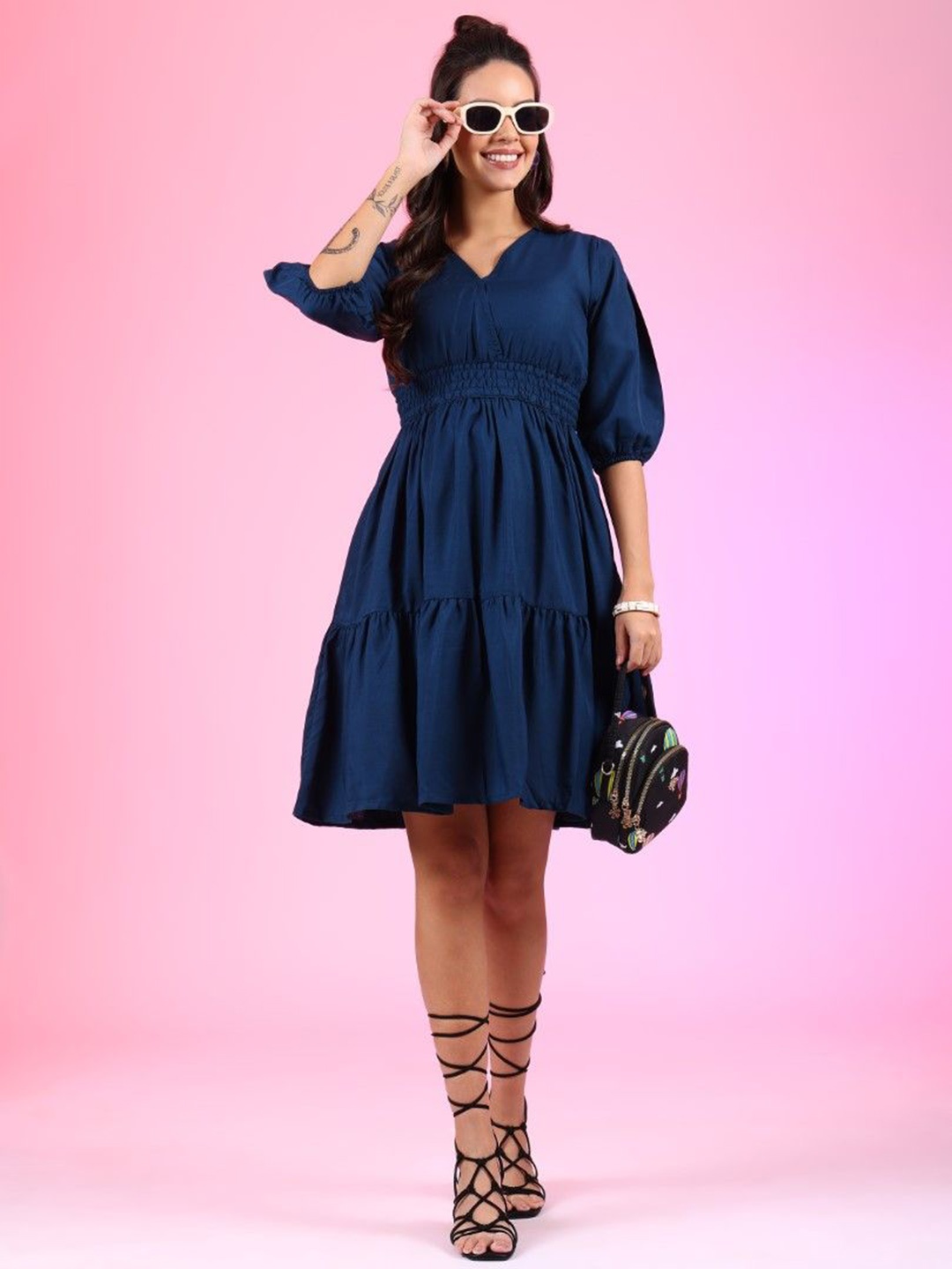 

Femvy Crepe Fit & Flare Midi Dress, Navy blue