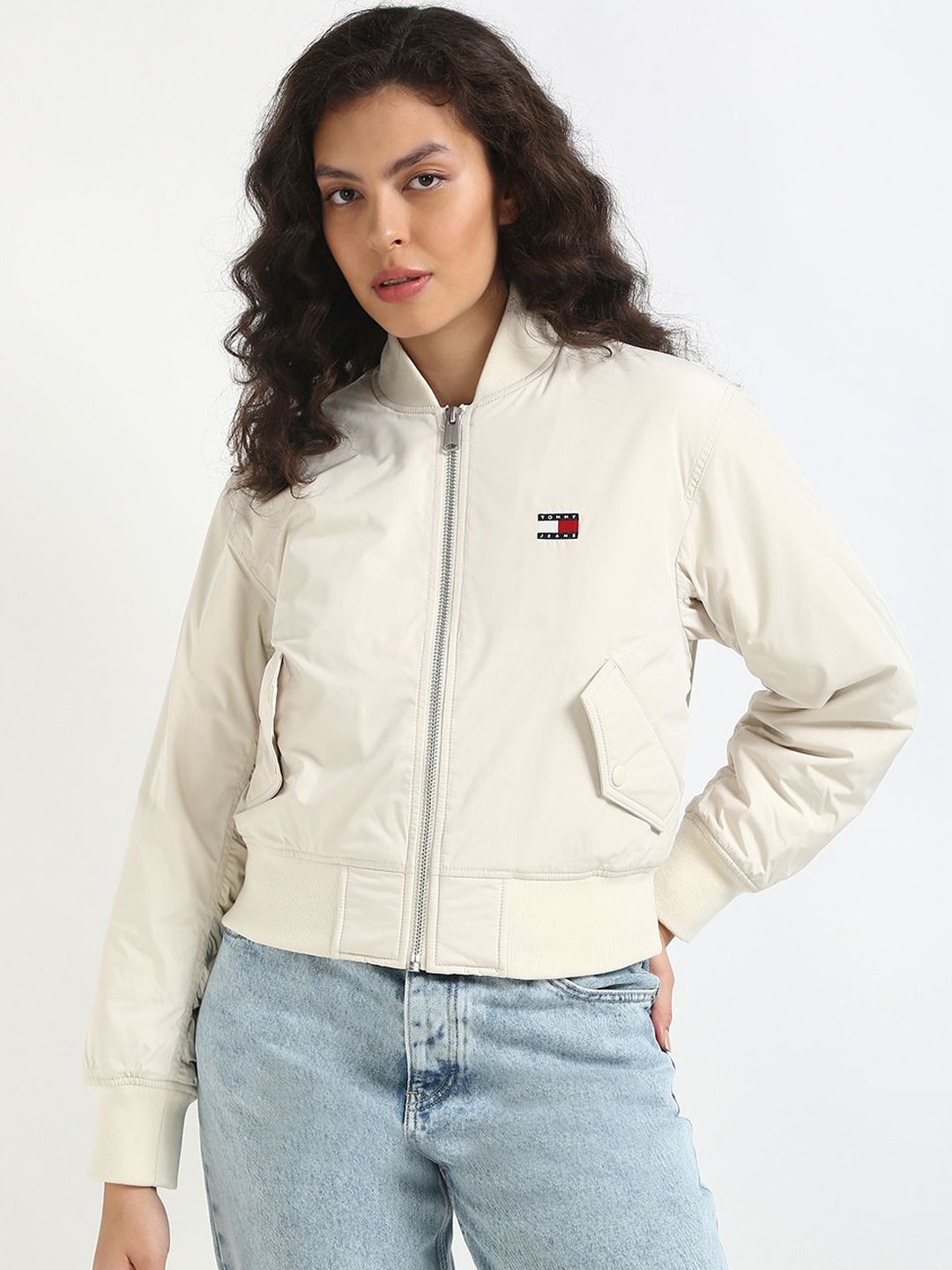 

Tommy Hilfiger Women Stand Collar Solid Casual Denim Jacket, Beige