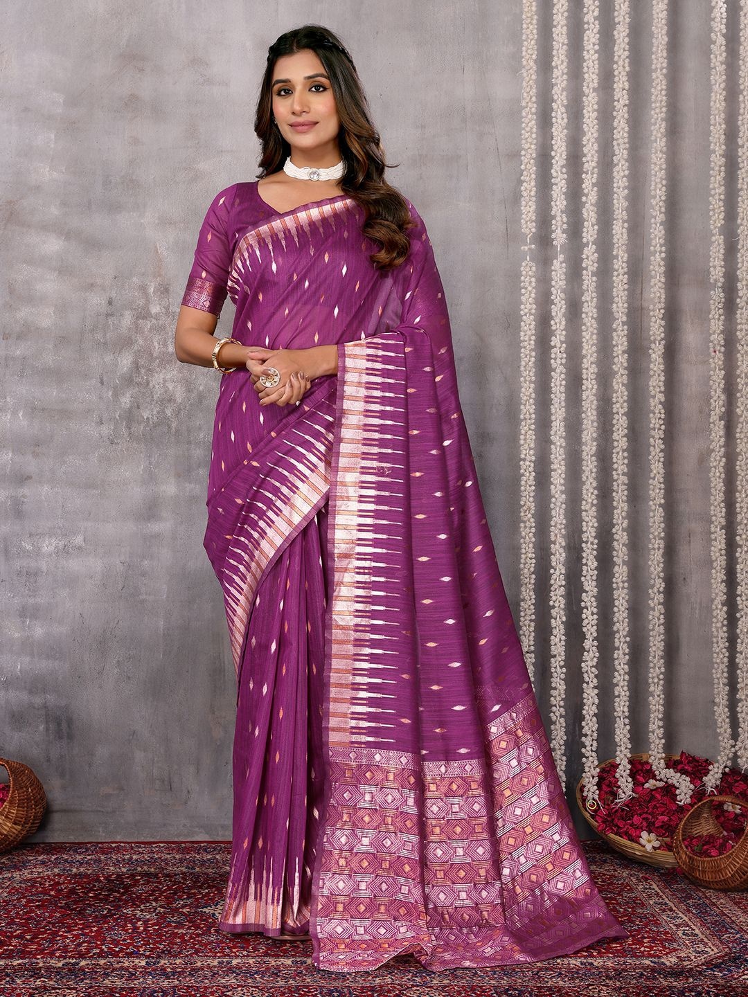

KALINI Purple Linen Blend Geometric Design Saree with Blouse Piece