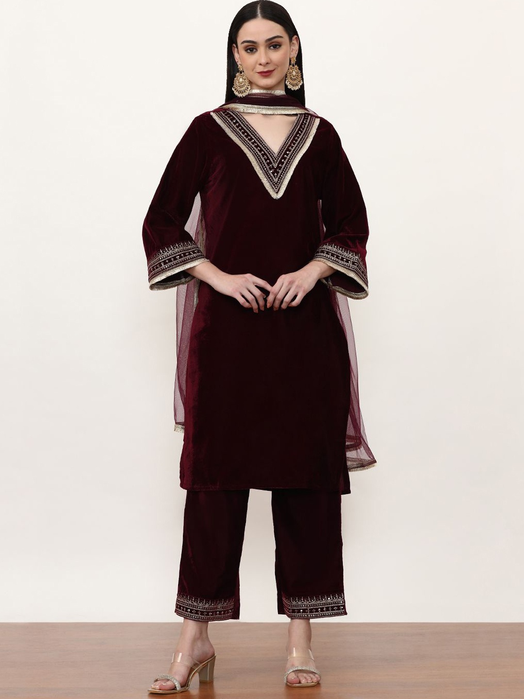 

Jaipur Kurti Maroon Ethnic Motifs Embroidered Velvet Straight Kurta With Trouser & Dupatta