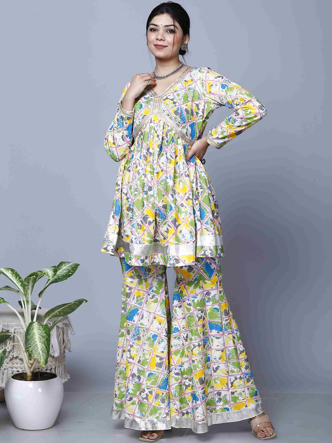 

MIRJAI Women Printed Empire Kurti with Sharara, Yellow