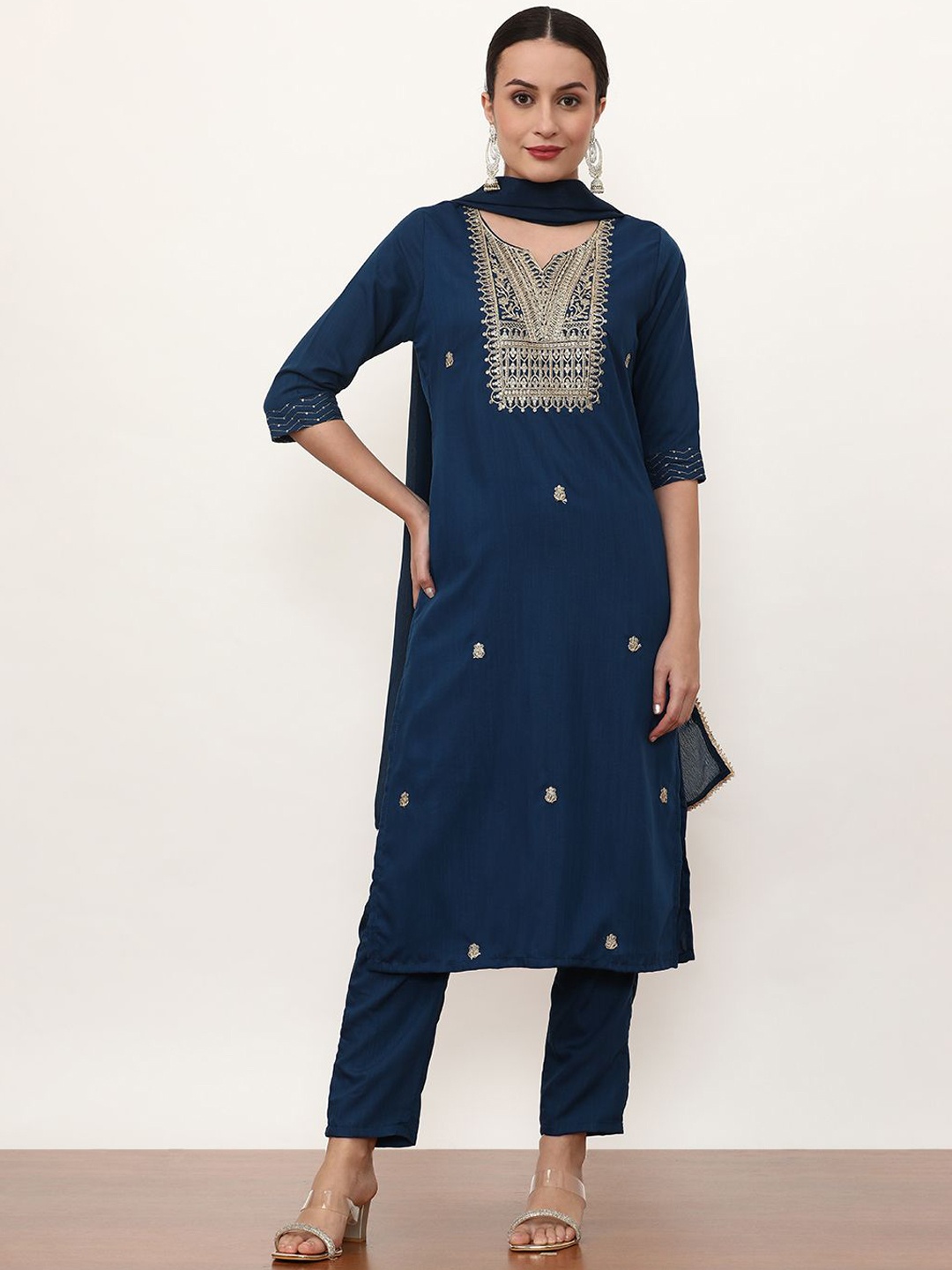 

Jaipur Kurti Women Ethnic Motifs Embroidered Regular Kurta with Trousers & With Dupatta, Navy blue