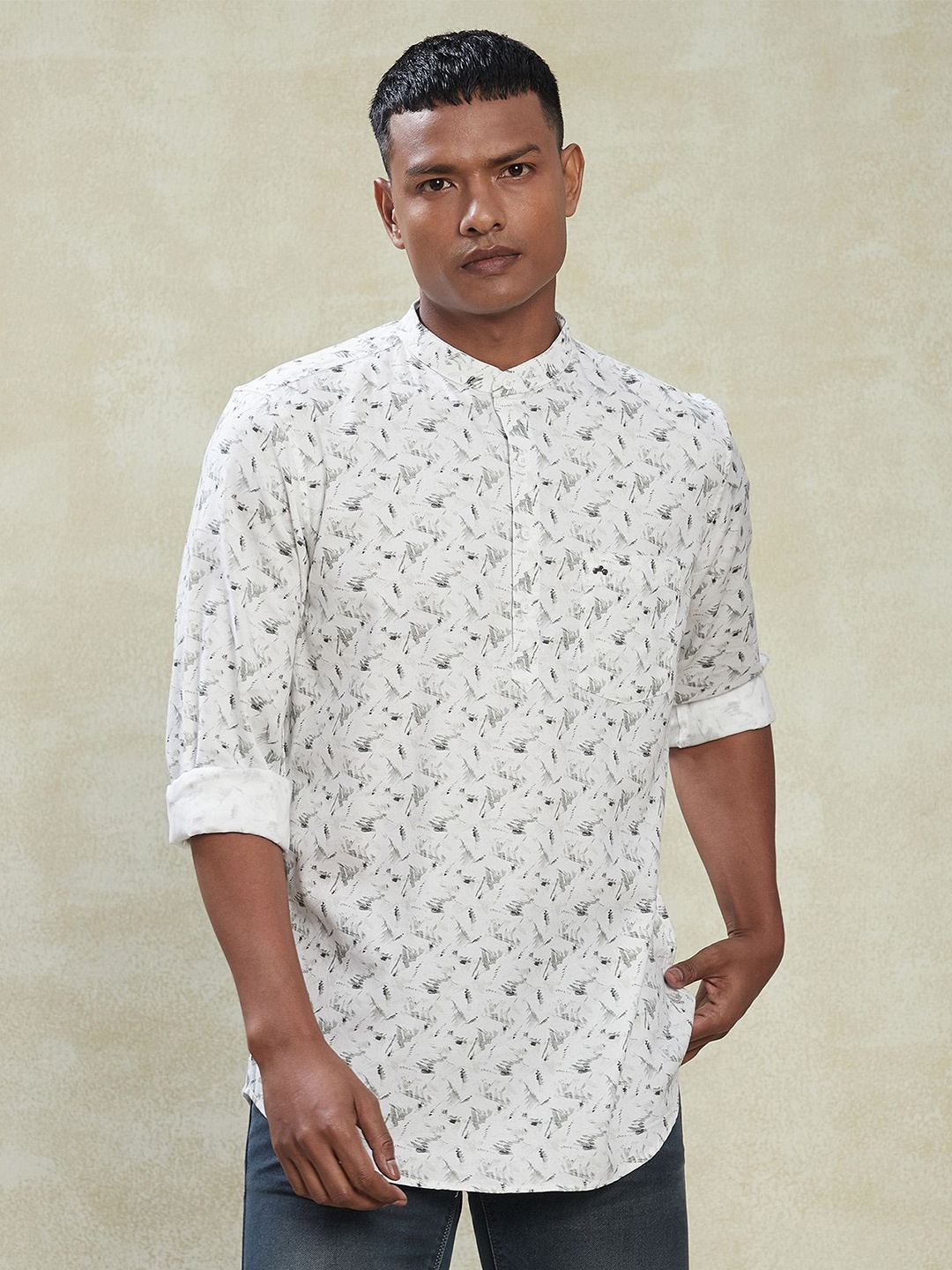 

Turtle Men Relaxed Band Collar Abstract Printed Cotton Slim Fit Casual Shirt, White