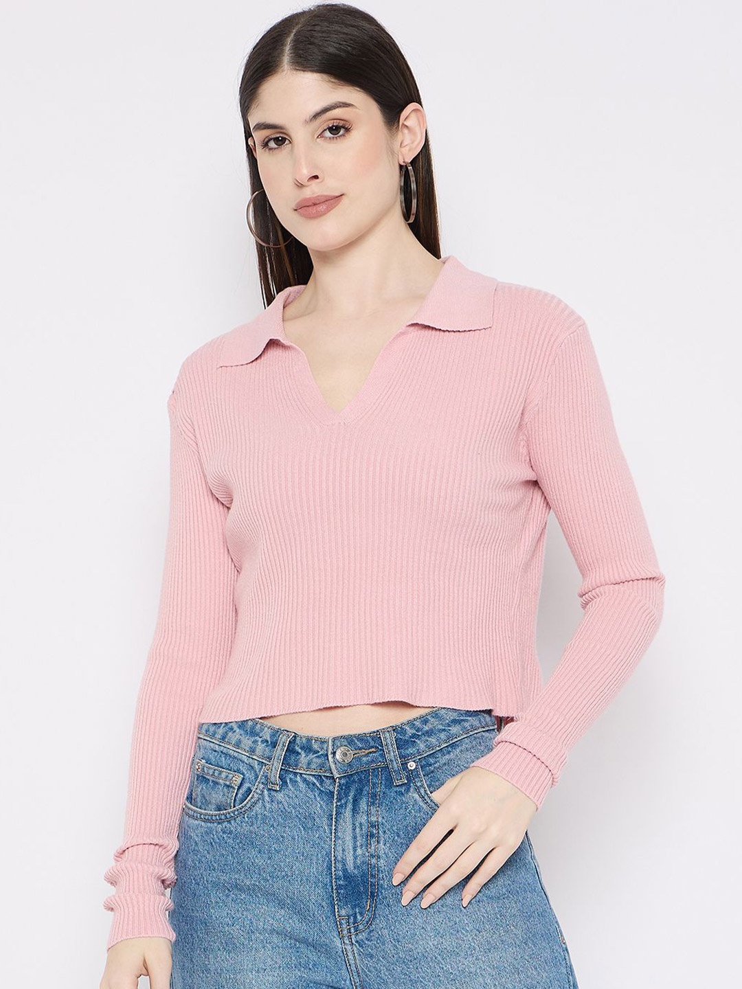 

Camey Women Ribbed Woollen Crop Pullover, Pink