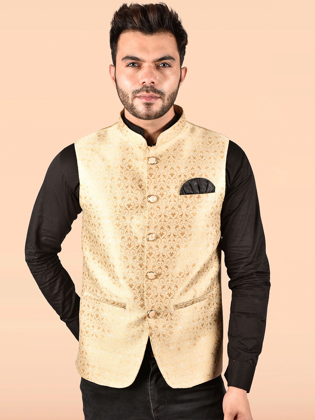 

PRINTINDIA Men Woven Design Nehru Jacket, Beige