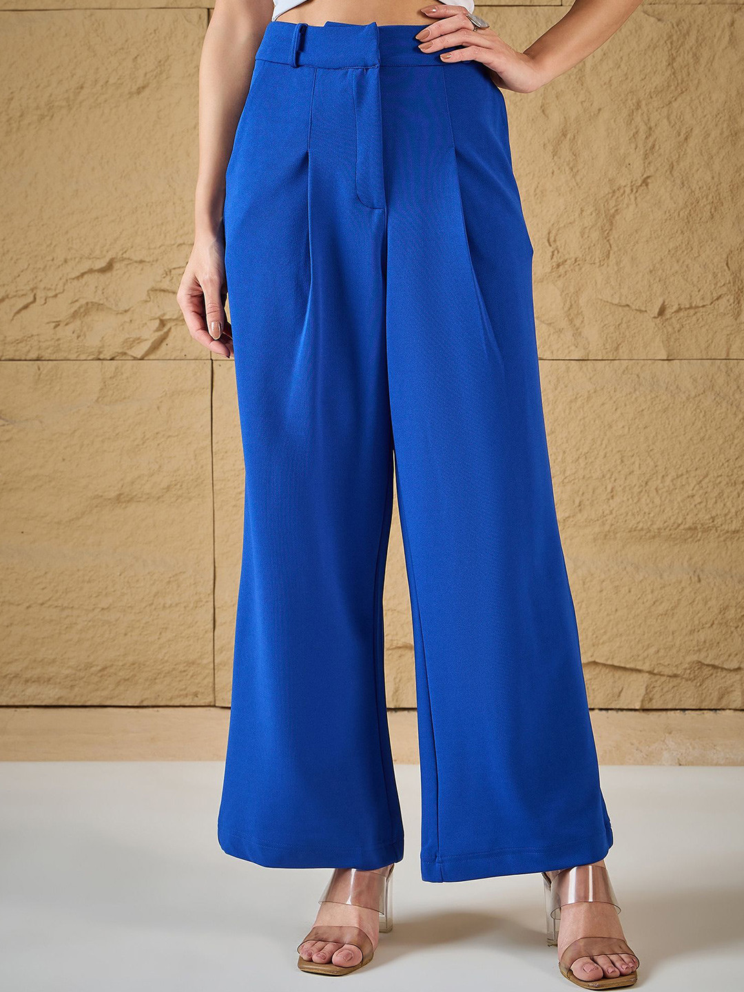 

MAGRE Women Relaxed Fit Flared Wide Leg Trousers, Blue