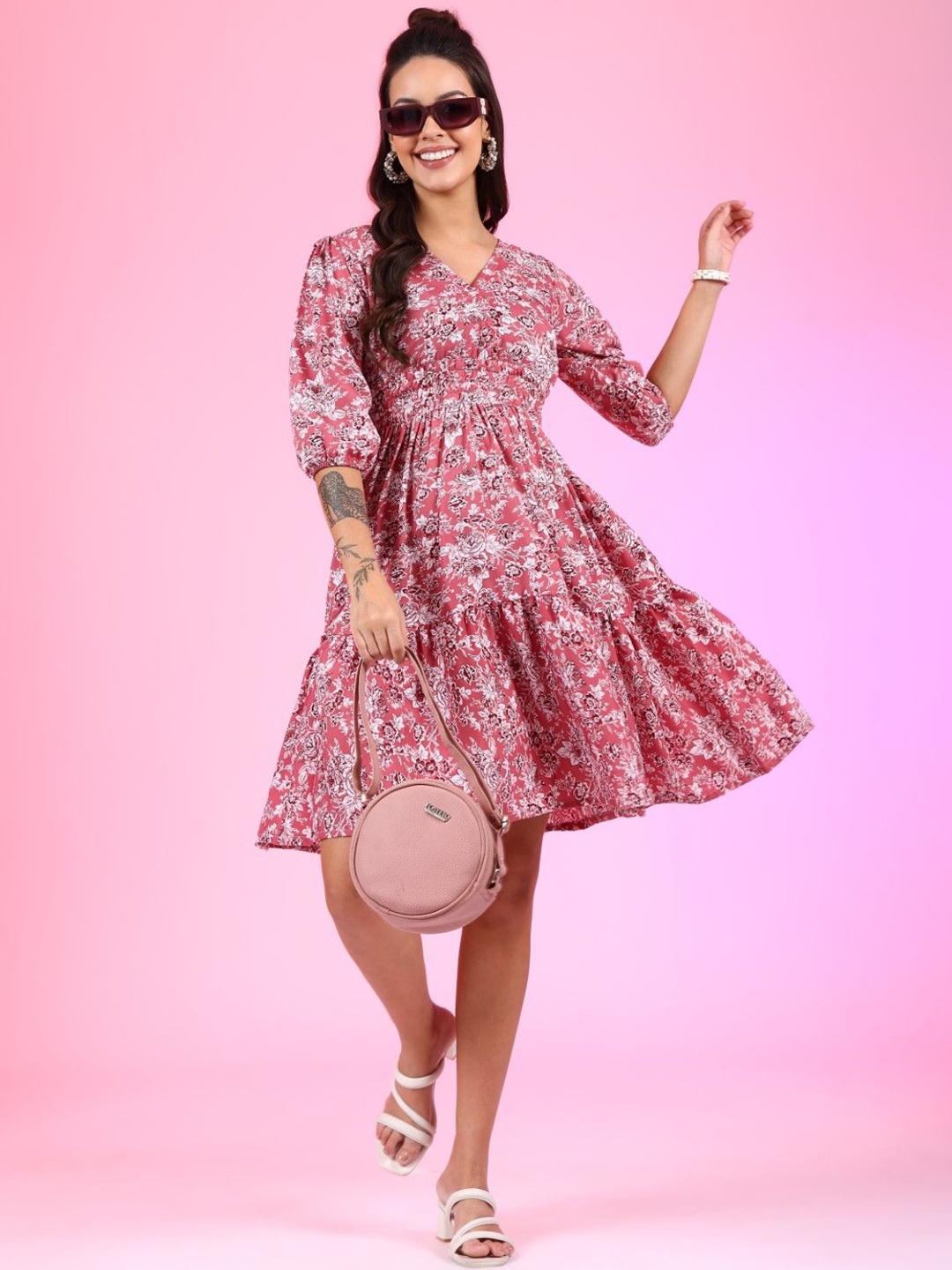 

Krunal Raiyani Women Floral Printed Fit & Flare Knee Length Dress, Pink